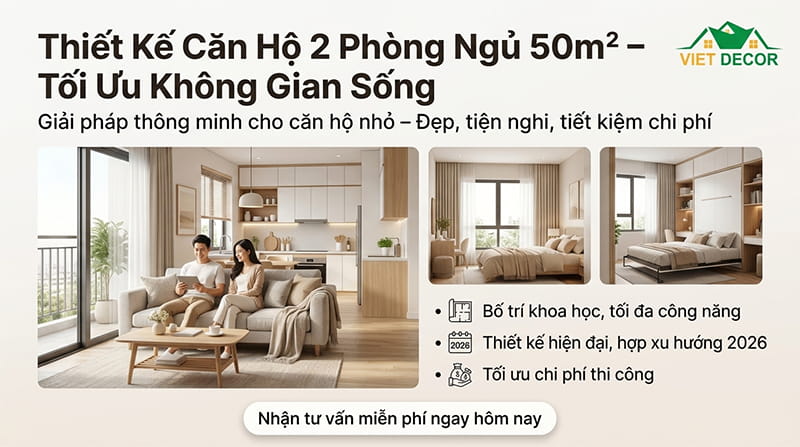 Thiết kê căn hộ 2 phòng ngủ 50m2
