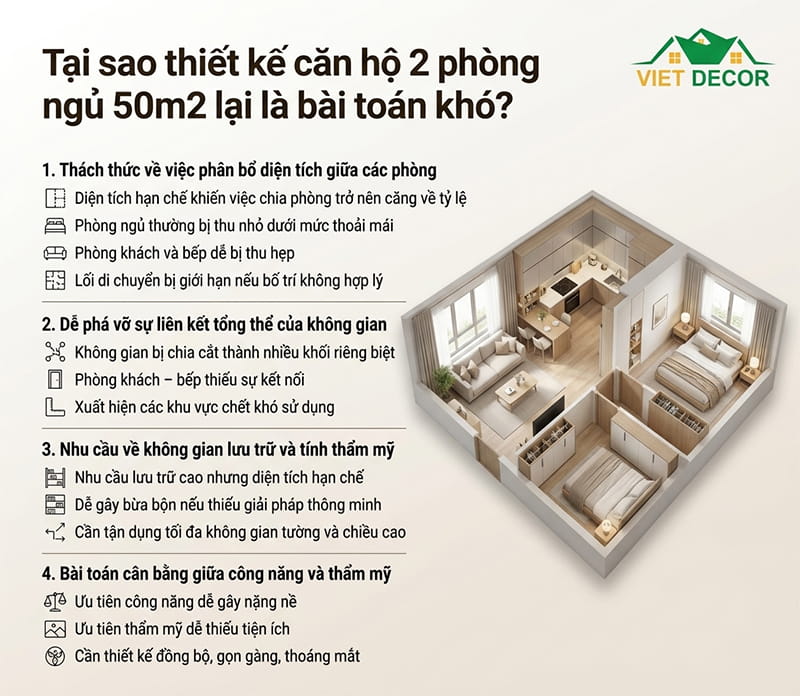 Tại sao thiết kế căn hộ 2 phòng ngủ 50m2 lại là bài toán khó?