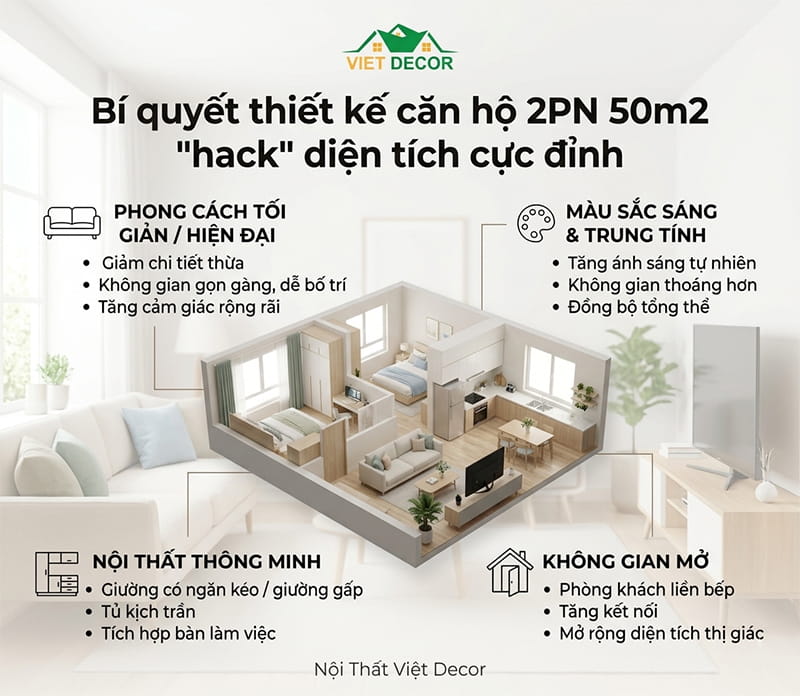 Bí quyết thiết kế căn hộ 2 phòng ngủ 50m2 "hack" diện tích cực đỉnh