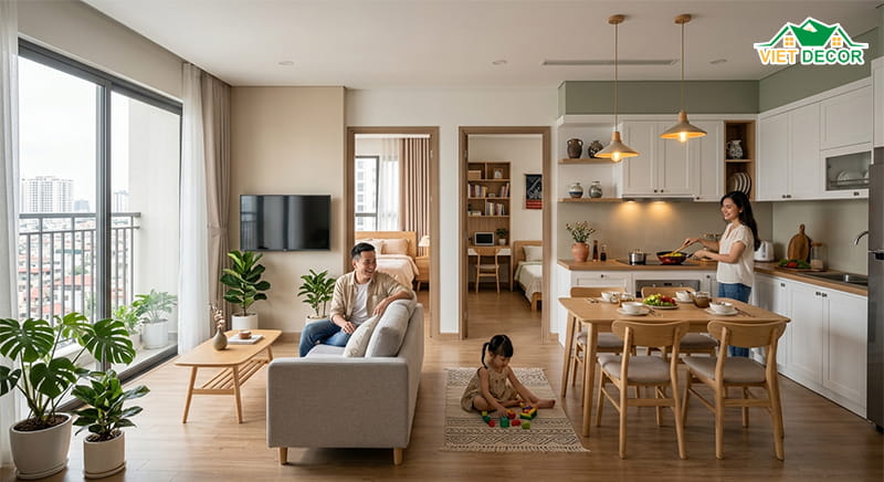 Thiết kế căn hộ chung cư 70m2 2 phòng ngủ