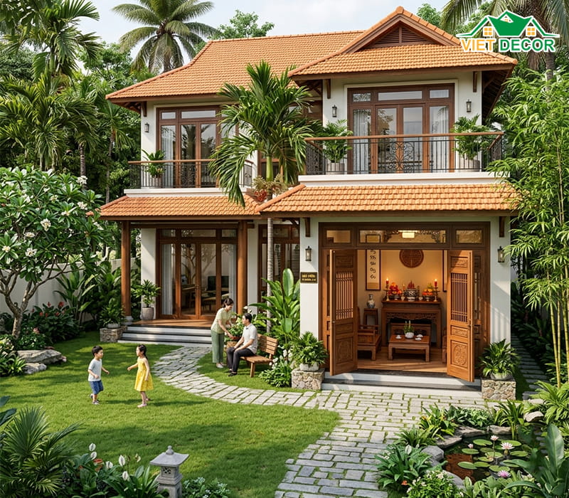 Mẫu nhà vườn 2 tầng có phòng thờ riêng biệt tại tầng trệt
