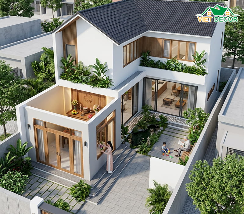 Thiết kế nhà chữ L giúp tách biệt không gian thờ tự