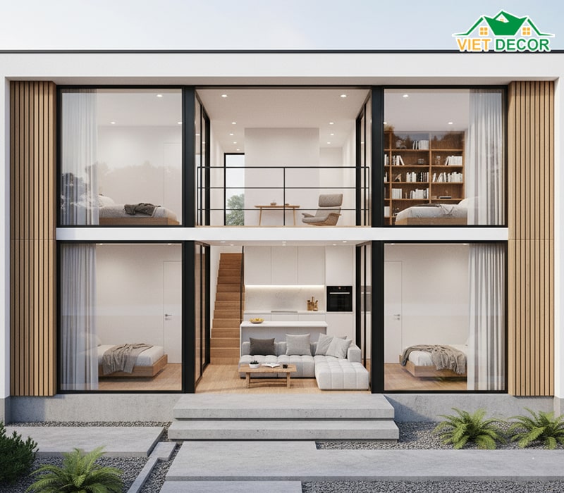 Mẫu nhà 6x15m 2 phòng ngủ có gác lửng