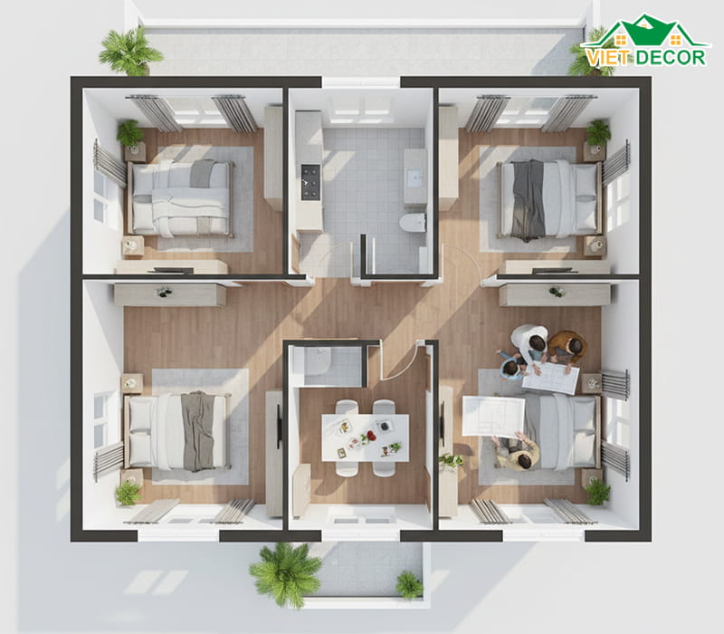 Phương án thiết kế nhà 8x10m 1 tầng 3 phòng ngủ tiện nghi