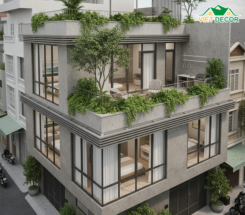 Nhà ống 2 tầng mái bằng có sân thượng