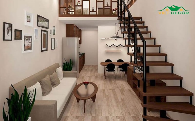 Mẫu phòng khách nhà cấp 4 có gác lửng