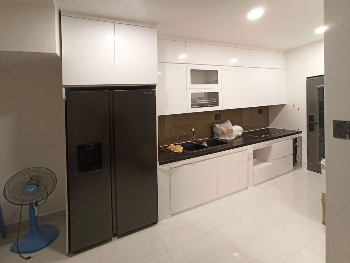 Tủ bếp hiện đại chữ I, gỗ công nghiệp MDF chống ẩm acrylic An Cường