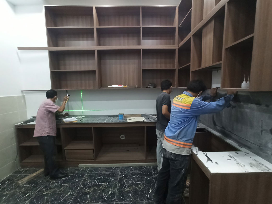 Tủ bếp hiện đại chữ L, gỗ công nghiệp MDF chống ẩm phủ acrylic An Cường