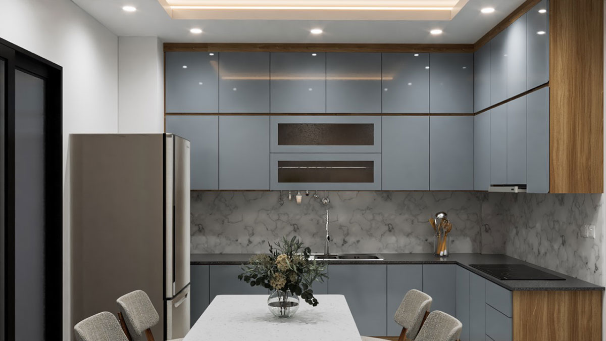 Tủ bếp hiện đại chữ L, gỗ công nghiệp MDF chống ẩm phủ acrylic An Cường