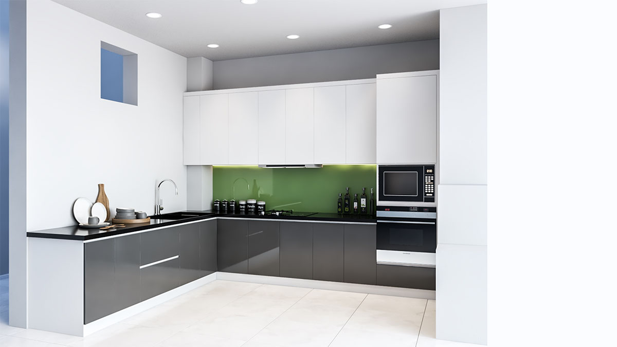 Tủ bếp hiện đại chữ L, gỗ công nghiệp MDF lõi xanh chống ẩm phủ acrylic An Cường
