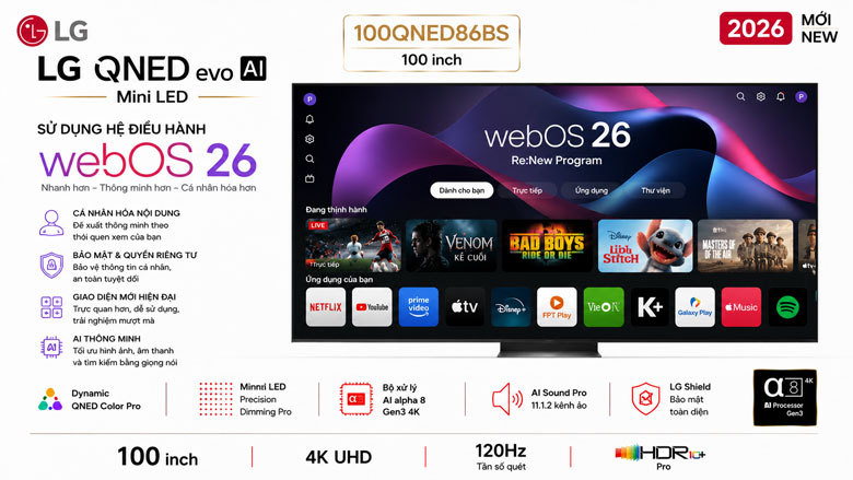 LG 100QNED86BS sử dụng hệ điều hành webOS 26