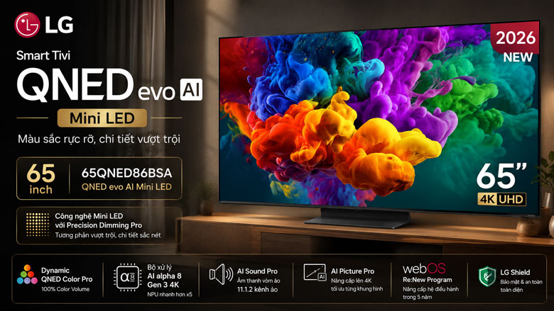 Smart Tivi QNED LG AI 4K 65 inch 65QNED86BSA với màn hình QNED evo Mini LED