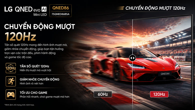 Tivi LG 75QNED86BSA hỗ trợ tần số quét 120Hz và VRR 144Hz khi chơi game