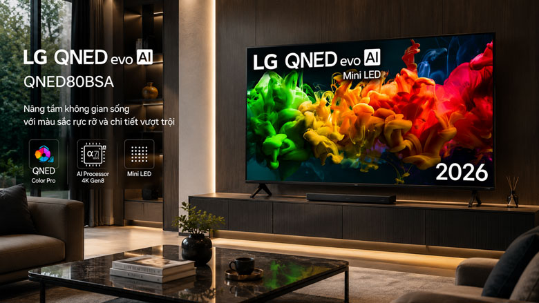 Tivi LG QNED80 Mini LED 2026 - Màn hình Mini LED sắc nét, tích hợp AI thông minh