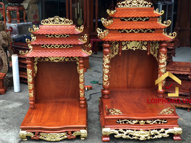Bàn thờ Ông Địa đẹp mẫu số 15 đục rồng mái 3 tầng thếp vàng 61x69x107 cm và 69x81x127 cm