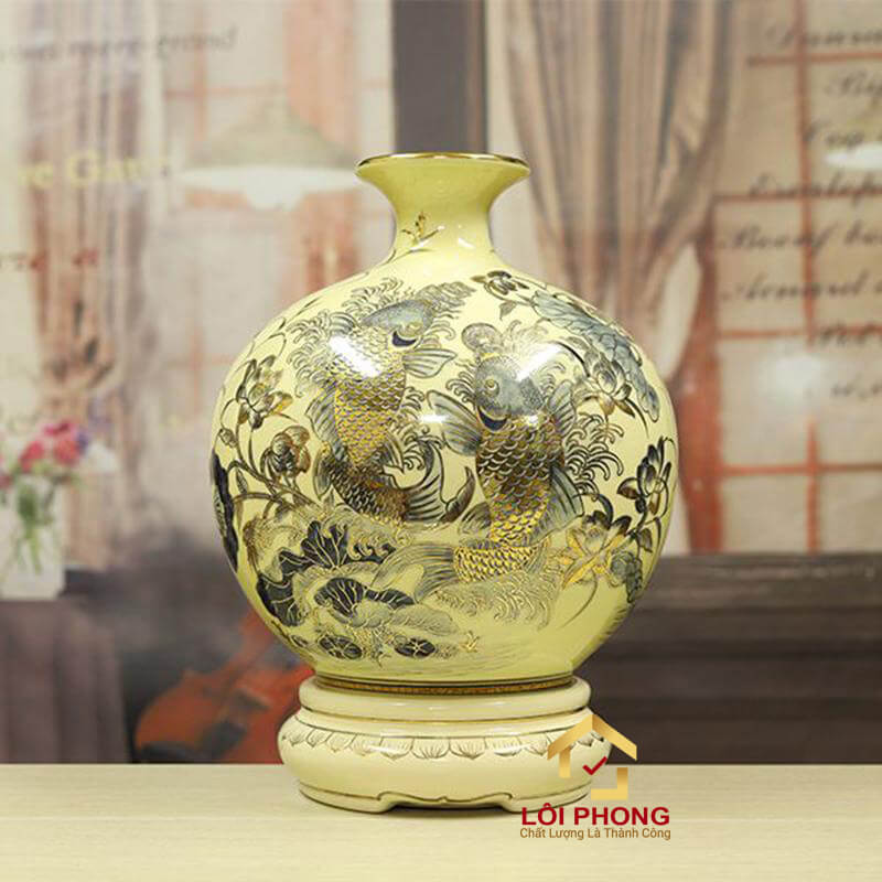 Bình gốm họa tiết Cá chép hoa sen