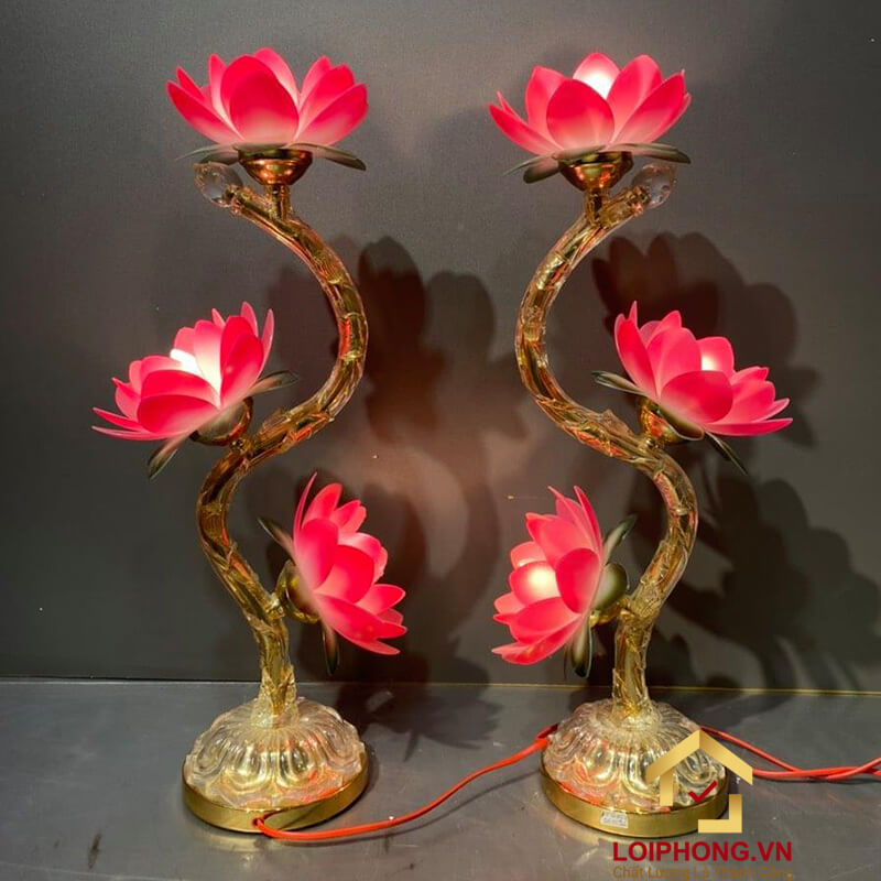 Đèn thờ hoa sen cao cấp 3 bông bằng nhựa thân hợp kim