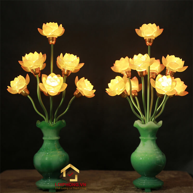 Đèn thờ hoa sen cao cấp 9 bông , bình đỡ bằng ngọc