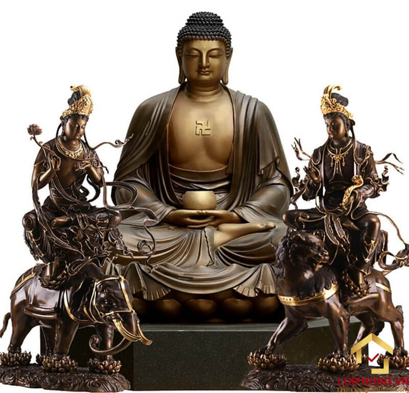 Tượng Hoa Nghiêm Tam Thánh bằng đồng hun giả cổ