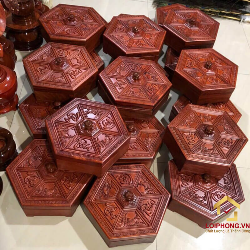 Hộp đựng mứt tết bằng gỗ phúc lộc thọ
