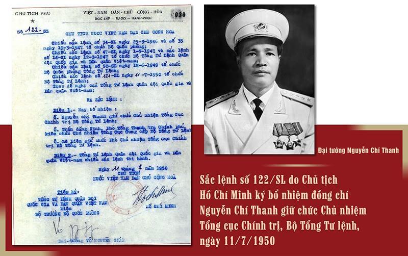 Sắc lệnh số 122/SL do Chủ tịch Hồ Chí Minh ký bổ nhiệm đồng chí Nguyễn Chí Thanh giữ chức Chủ nhiệm Tổng cục Chính trị, Bộ Tổng tư lệnh