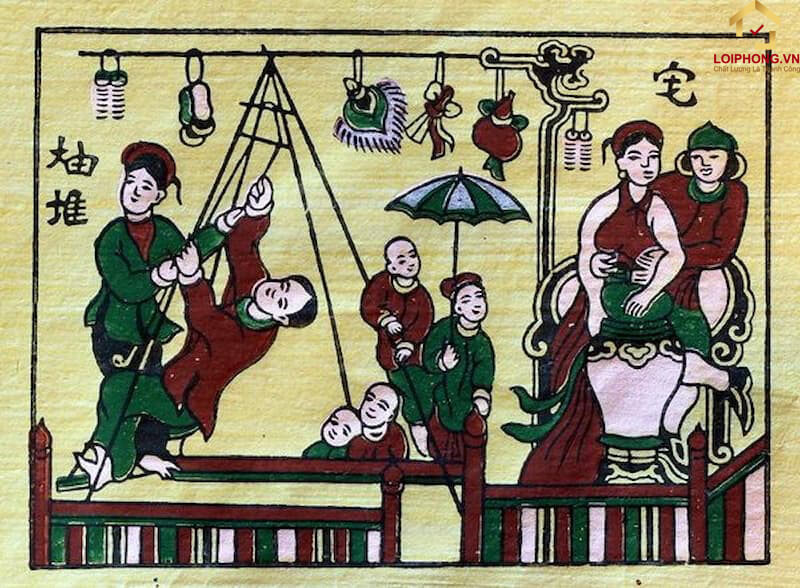 Tranh phương ngôn vẽ về chủ đề đánh đu, trò chơi dân gian trong ngày tết