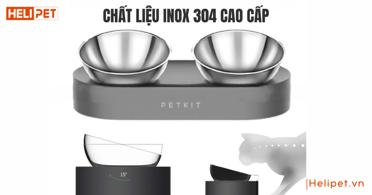 Bát ăn đôi inox chống gù cho chó mèo PETKIT