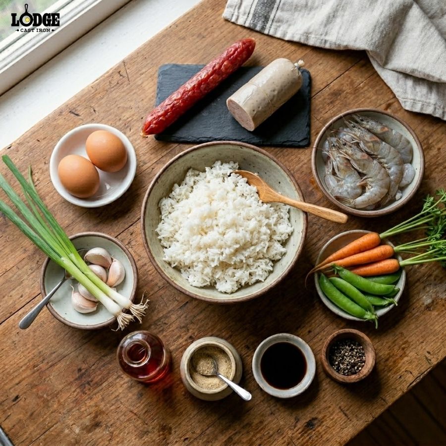 Nguyên liệu làm cơm chiên dương châu lạp xưởng