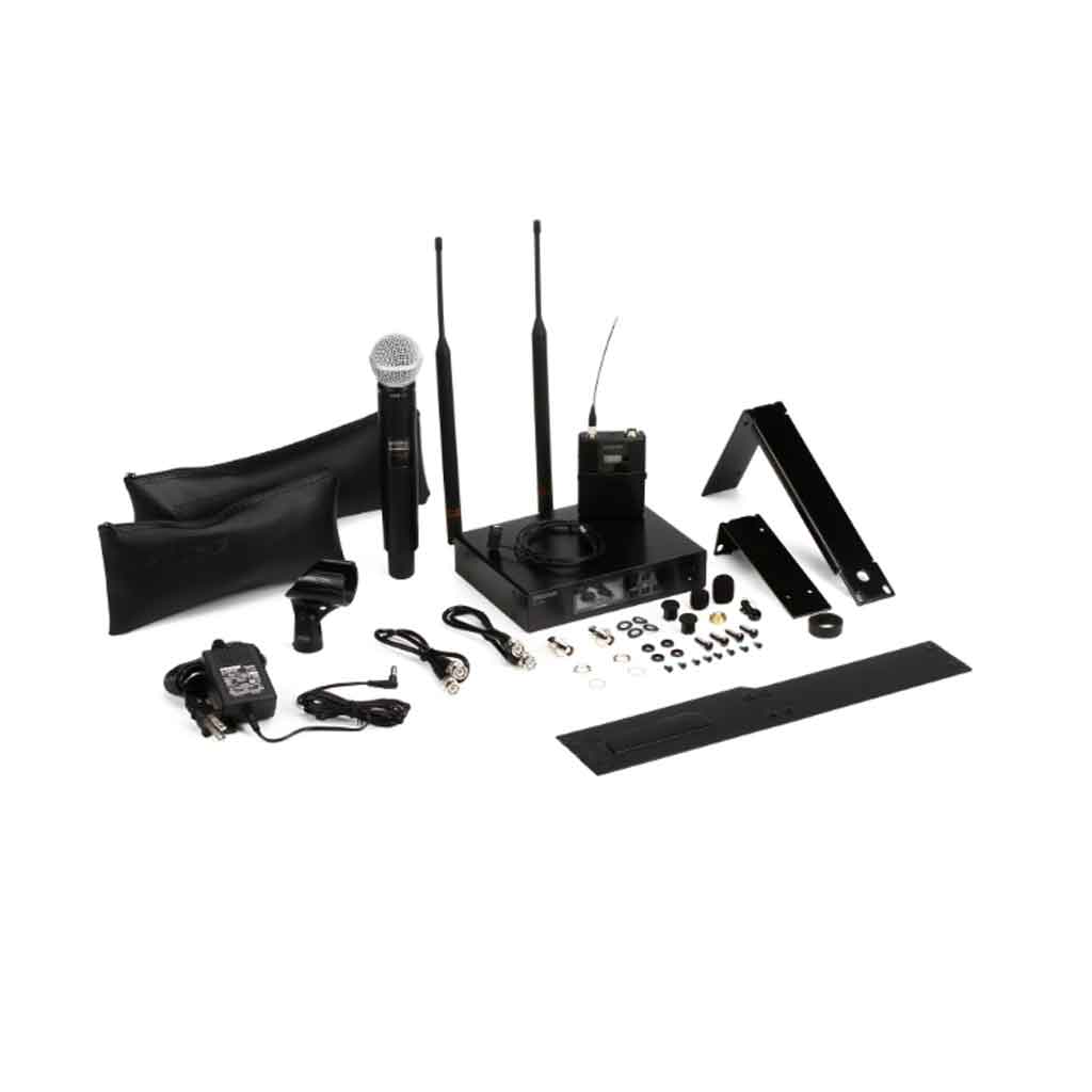 Hệ thống micro không dây Shure QLXD124/85 hình đang được chụp full tất cả chi tiết phụ kiện linh kiện kè theo của sản phẩm