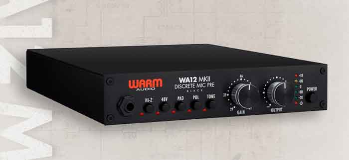 Warm Audio WA12 MKII Microphone Preamp miêu tả mặt trước được thiết kế đơn giản, trực quan với bố cục tối ưu cho thao tác nhanh trong studio Các nút điều khiển và cổng: Hi-Z Input (1/4" jack): Cổng cắm nhạc cụ như guitar, bass – dùng như một DI Box chất lượng cao.