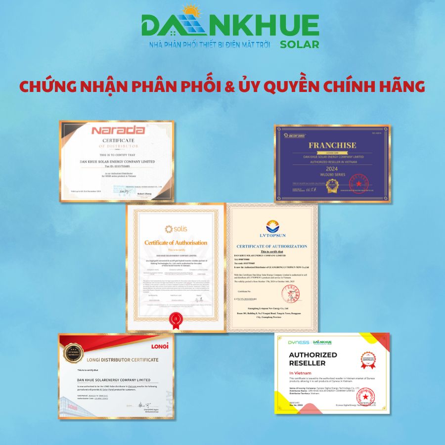 Giấy chứng nhận nhà phân phối và ủy quyền các thiết bị điện mặt trời chính hãng toàn quốc của Đan Khuê Solar