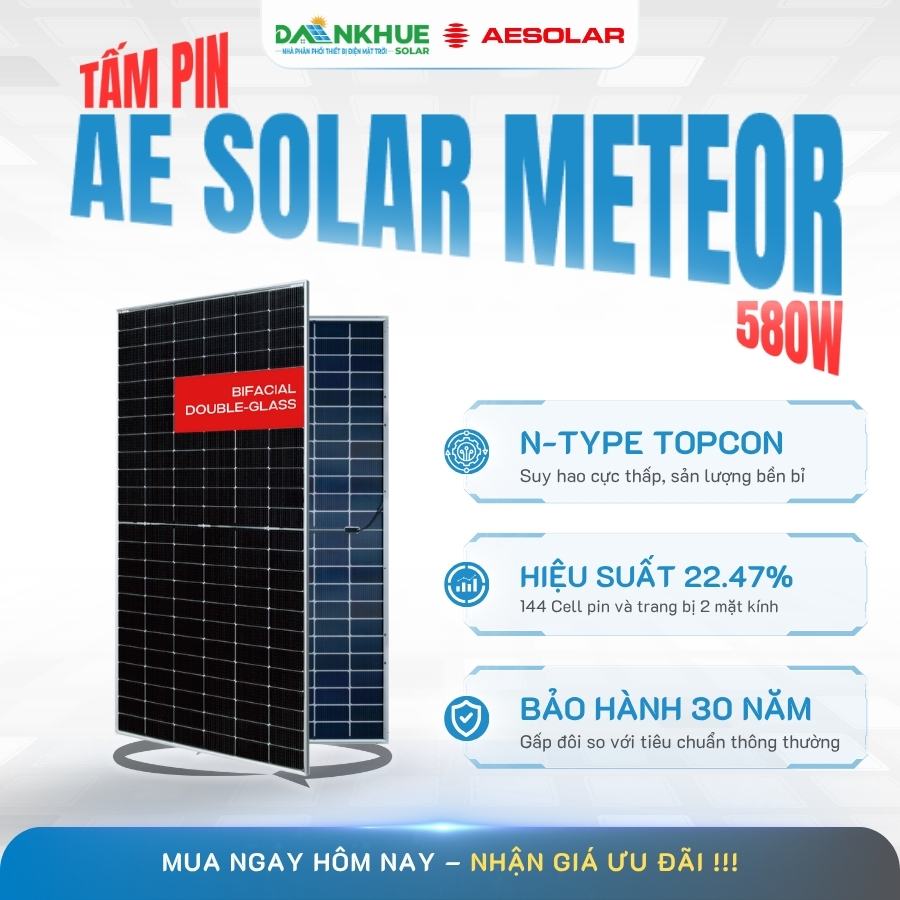 Tấm pin AE solar meteor công suất 580w hai mặt kính
