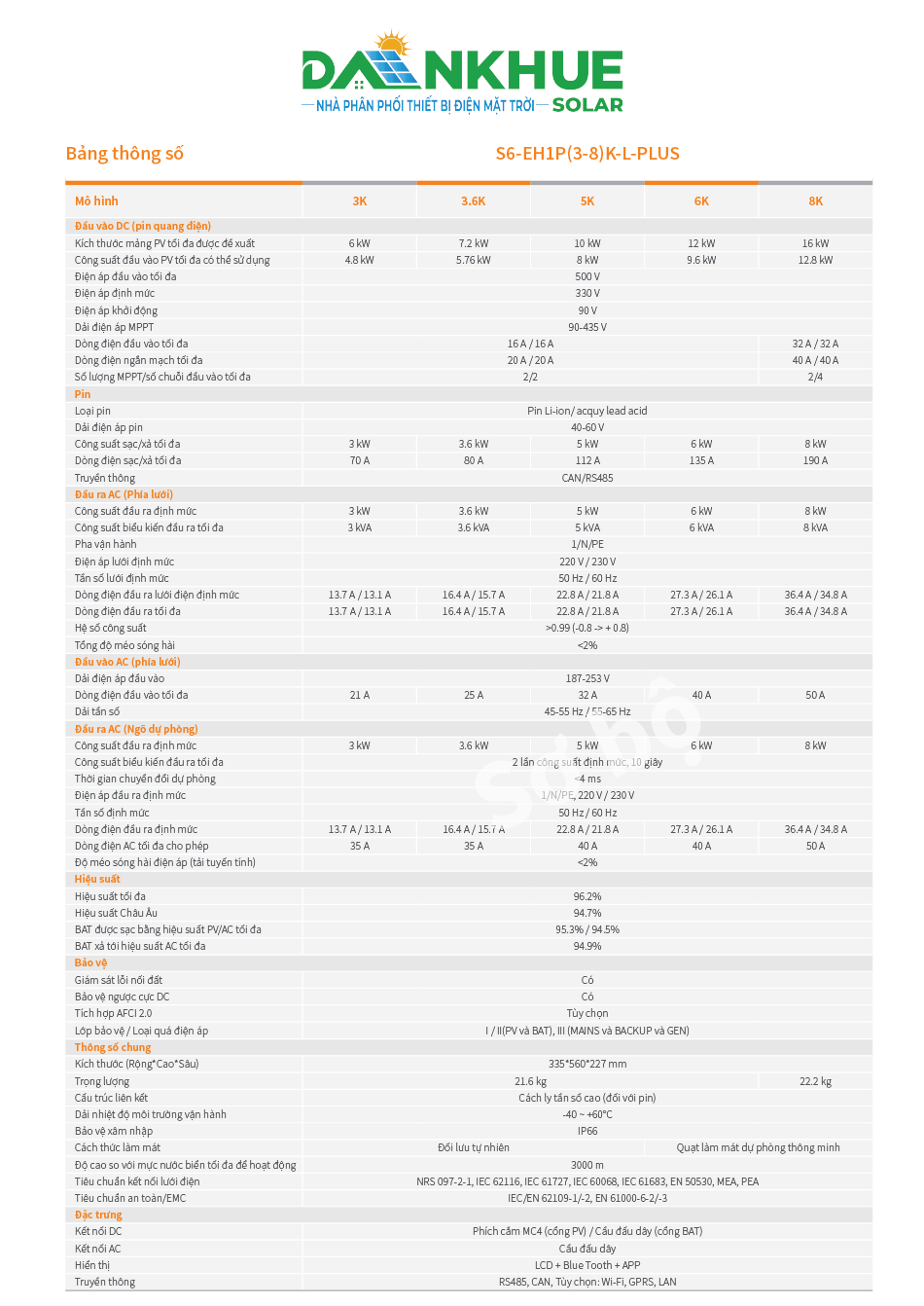 thông tin thông số kỹ thuật của inverter hybrid solis 6kw plus