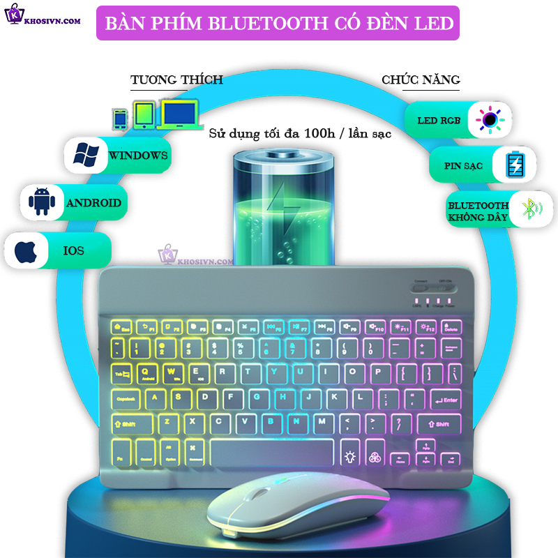 bộ bàn phím bluetooth cho điện thoại máy tính bảng không dây 10inch có đèn led RGB