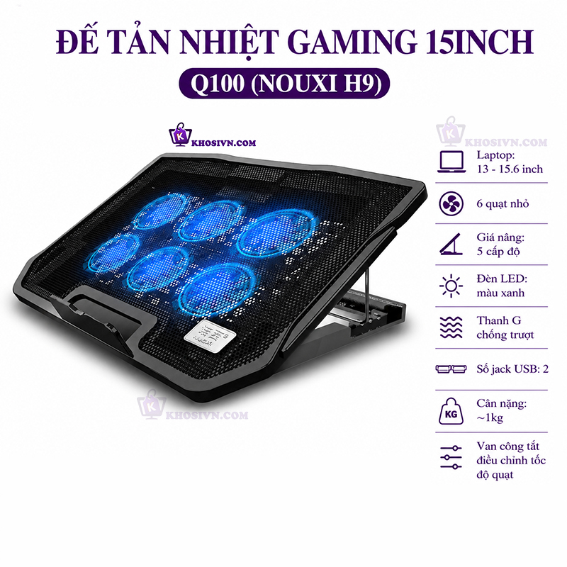 Đế Tản Nhiệt Laptop Gaming 15inch 2 Cổng USB Thiết Kế Hiện Đại 5 Cấp Độ 6 Cánh Quạt Nouxi H9