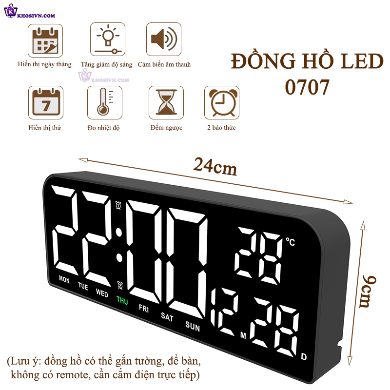 Đồng Hồ LED Điện Tử Để Bàn Gắn Tường Có Chức Năng Báo Thức, Đếm Ngược, Bấm Giờ, Đo Nhiệt Độ - 0707