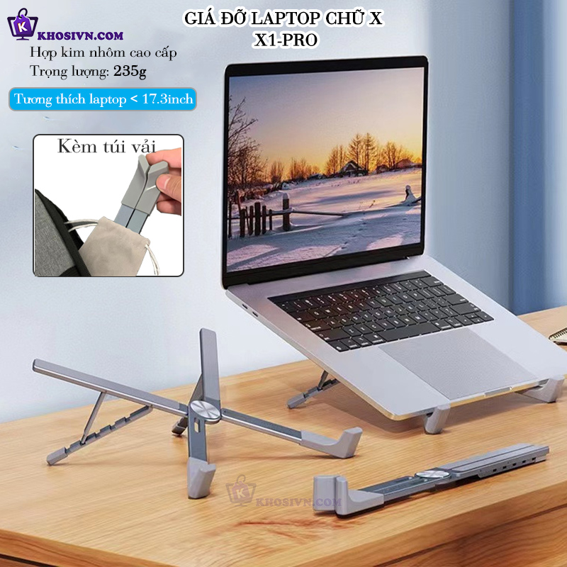 Giá Đỡ Laptop, Giá Đỡ Máy Tính Bảng Gấp Gọn Hình Chữ X, Chất Liệu Hợp Kim Nhôm Cao Cấp Kèm Túi Vải - GĐLP X1-Pro