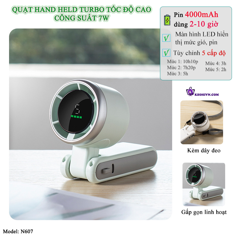 Địa Chỉ Mua Sỉ Quạt Turbo Cầm Tay Tích Điện Gió Mạnh 5 Cấp Độ Gió Kèm Dây Đeo Cổ N607 Tại TPHCM