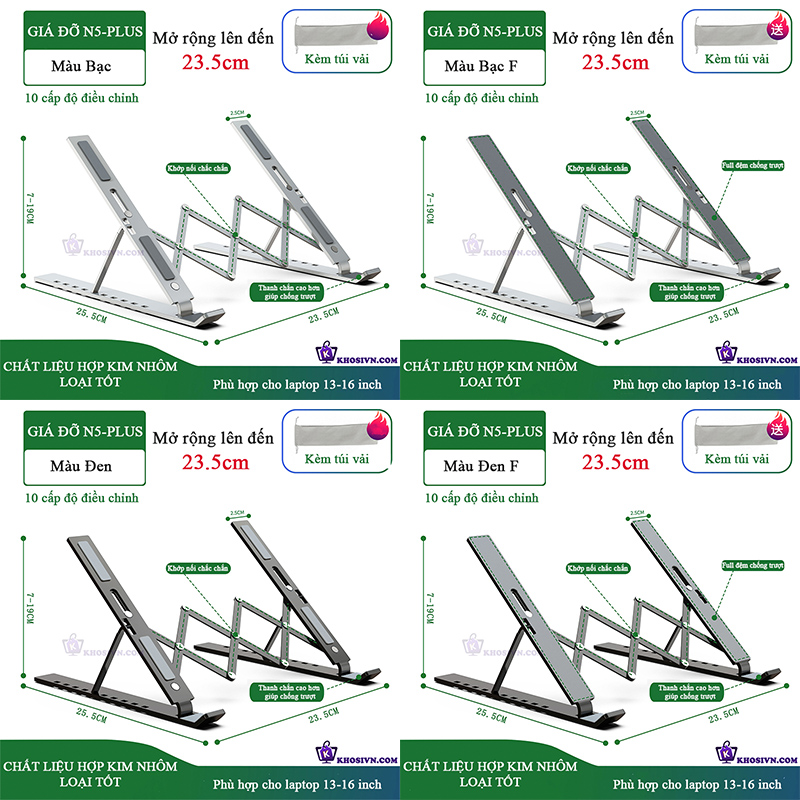 Giá Đỡ Laptop, Giá Kê Laptop Máy Tính Gấp Gọn Chất Liệu Hợp Kim Nhôm Cao Cấp Điều Chỉnh Được Độ Cao - N5 Plus