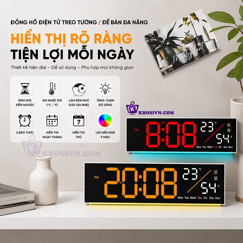 Đồng Hồ LED Decor Để Bàn Treo Tường Có Đèn Nền Tùy Chỉnh, Báo Thức, Bấm Giờ Đếm Ngược, Hiển Thị Giây - 5527