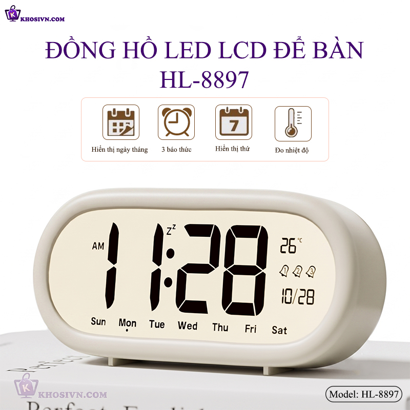 Đồng Hồ LED Màn Hình LCD Hiển Thị Thời Gian, Ngày Tháng Thứ, Tích Hợp 3 Cài Đặt Báo Thức HL-8897