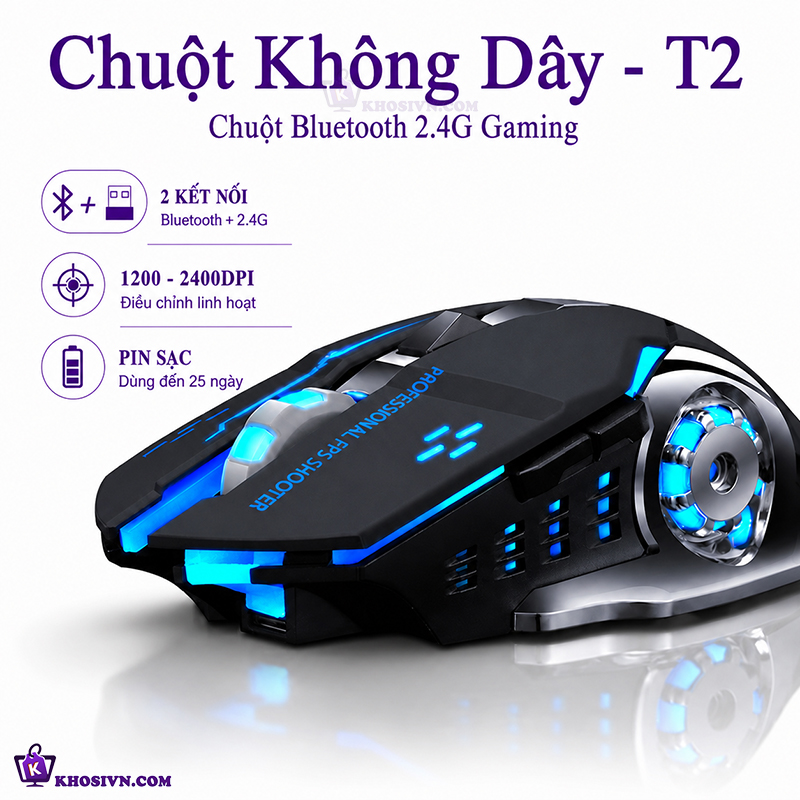 Chuột Gaming Không Dây Kết Nối Bluetooth 2.4G LED RGB 3200DPI Chơi Game, Chuột Văn Phòng T2