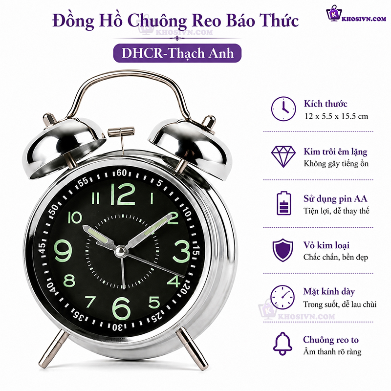 Đồng Hồ Chuông Reo Báo Thức Để Bàn Kim Trôi Có Đèn Thân Kim Loại DHCR-Thạnh Anh