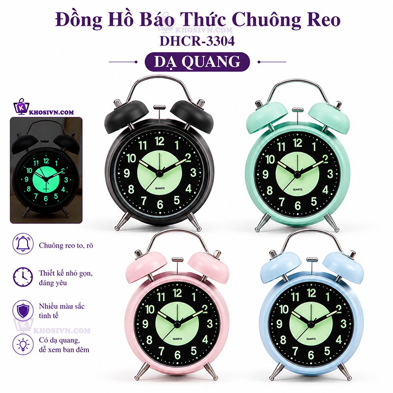 Đồng Hồ Chuông Reo Báo Thức Dạ Quang Để Bàn, Đồng Hồ Dạ Quang Báo Thức Để Bàn Kim Trôi DHCR-3304 Dạ Quang