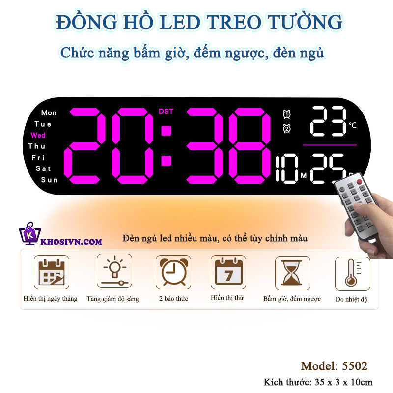 Địa Chỉ Mua Sỉ Đồng Hồ LED RGB Gắn Tường, Đồng Hồ Treo Tường Phòng Ngủ Phòng Khách Có Đèn Ngủ Báo Thức, Đếm Ngược - 5502 Tại TPHCM - Khosivn.com