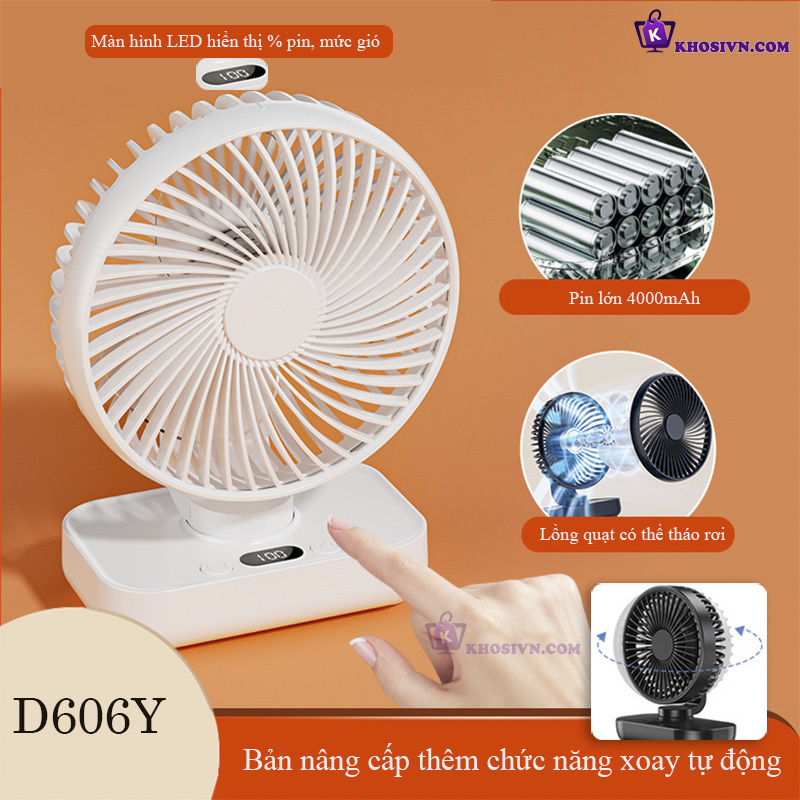 Quạt Để Bàn Văn Phòng Mini Tích Điện Pin Trâu Xoay Tự Động Có Màn Hình LED 4 Cấp Độ Gió - D606Y