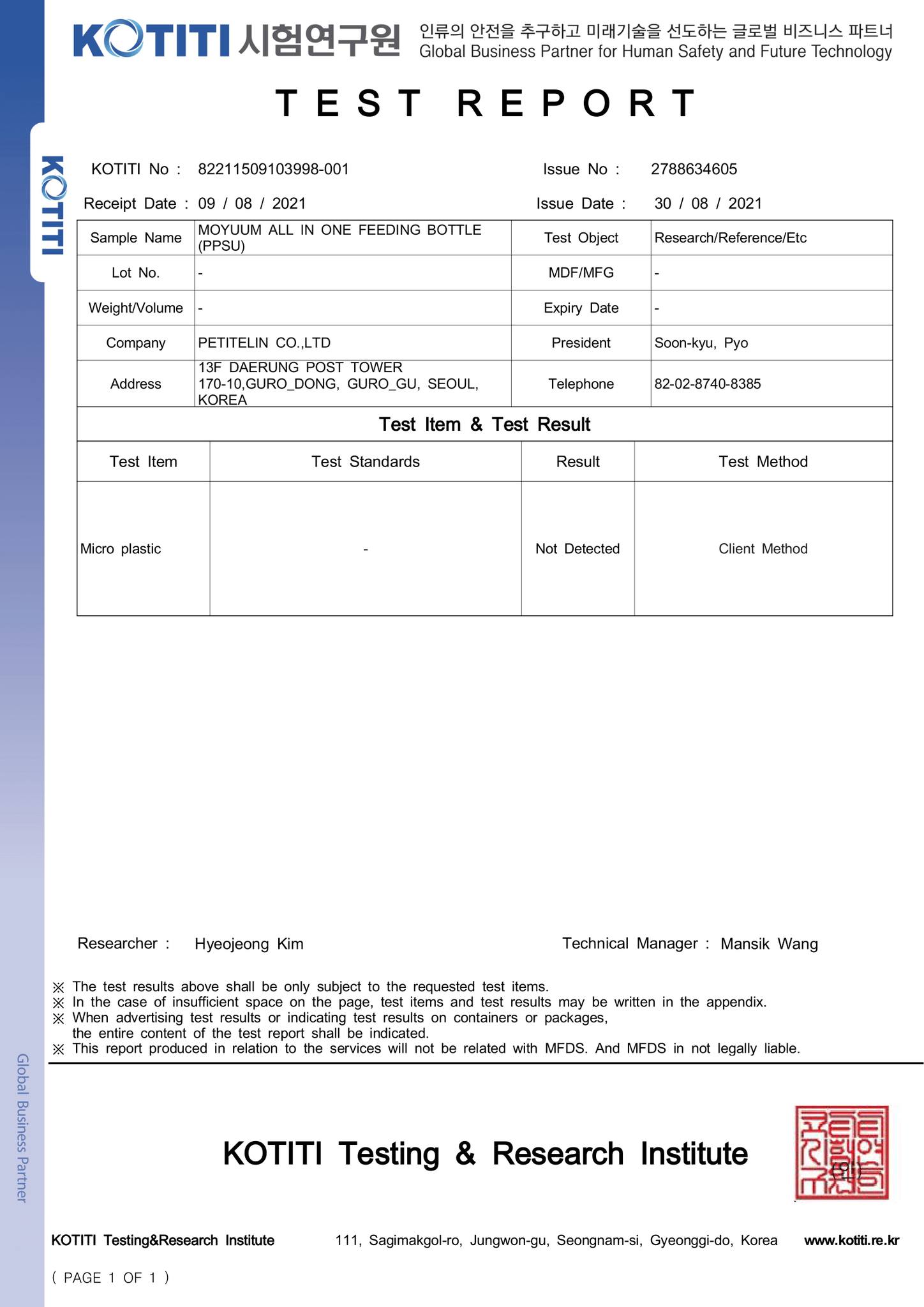 Kết quả kiểm định không chứa vi nhựa với sản phẩm bình Moyuum PPSU