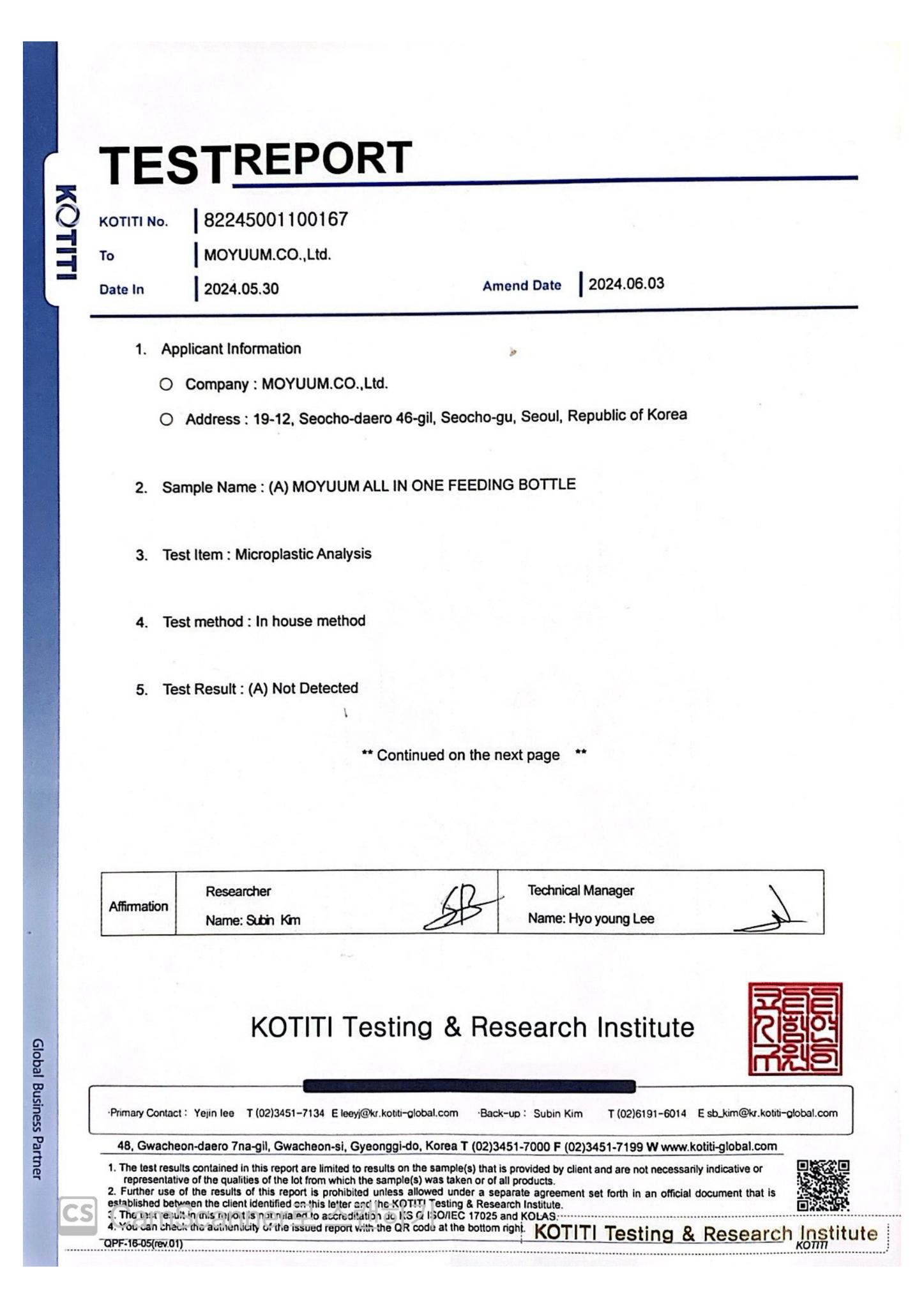 Kết quả kiểm định bình Moyuum PPSU không giải phóng vi nhựa ở điều kiện nhiệt độ cao trong thời gian dài