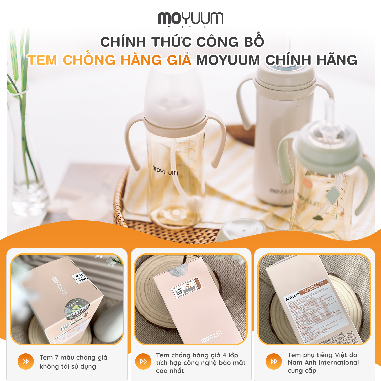 Chi tiết 3 tem phụ trên bình Moyuum chính hãng