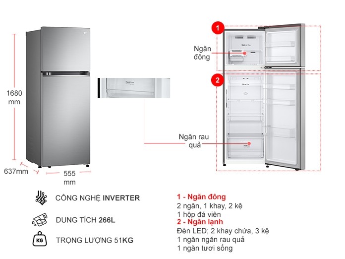 Tủ Lạnh LG Inverter 266 Lít GV-B262PS
